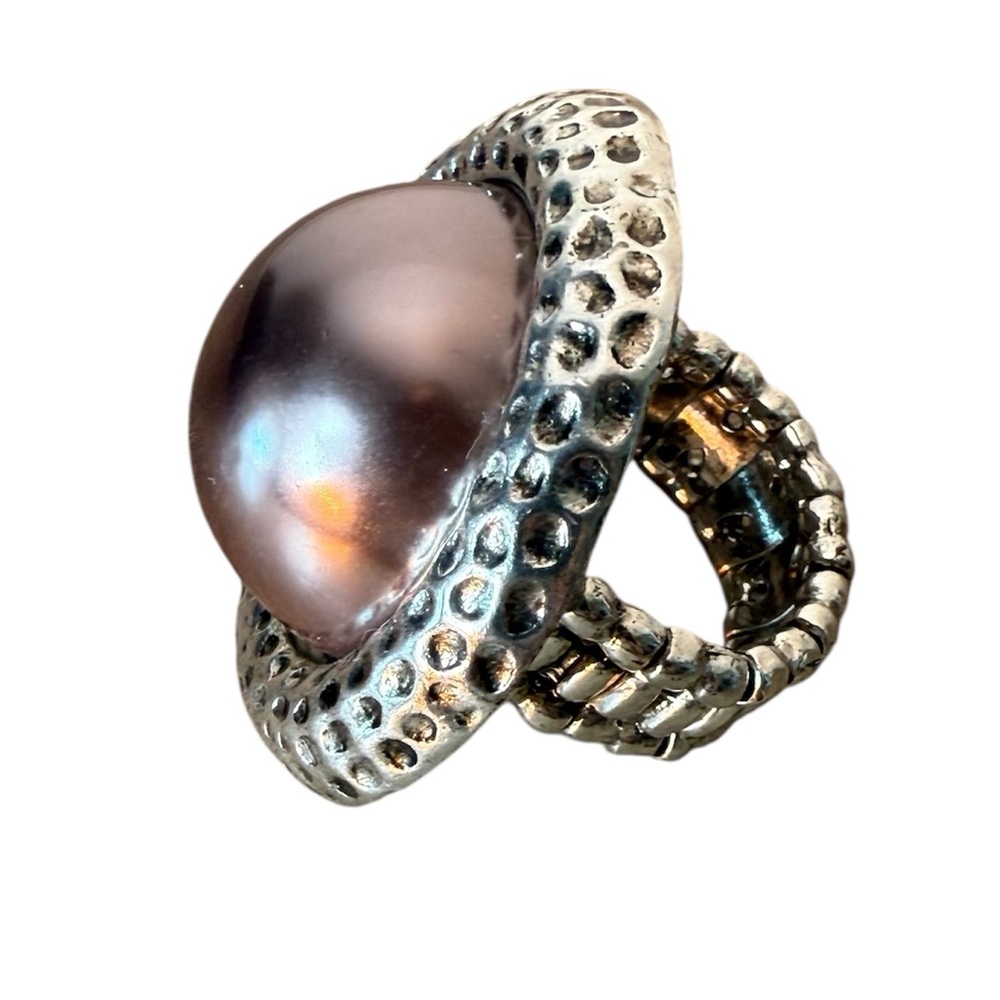 Oversized Round Hammered Flexible Ring Iridescent Pearl Like Center Large